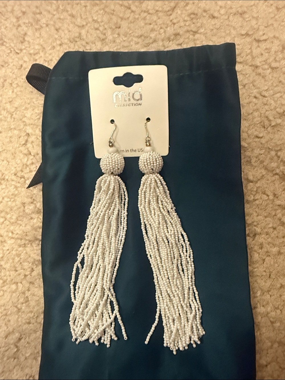 White Beaded Tassel Earrings